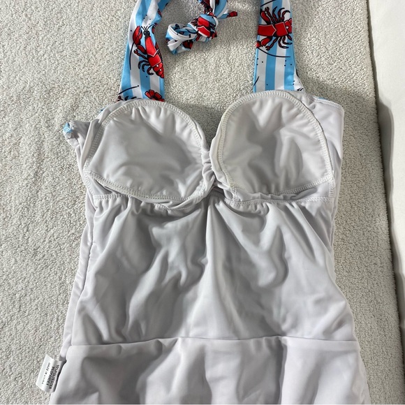 Sourpuss Blue White Striped Red Lobster Print One Piece Swimsuit Bathing Suit S - Picture 12 of 16
